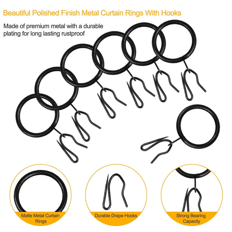 Wision 60 Pcs Metal Curtain Rings with Eyelet Curtain Rings and 60 Pcs Metal Curtain Rods Hooks Drapery Hook  30 mm Internal Diameter Curtain Rod Rings Drapery Eyelet Sliding Curtain Rings (Black) - Image 2